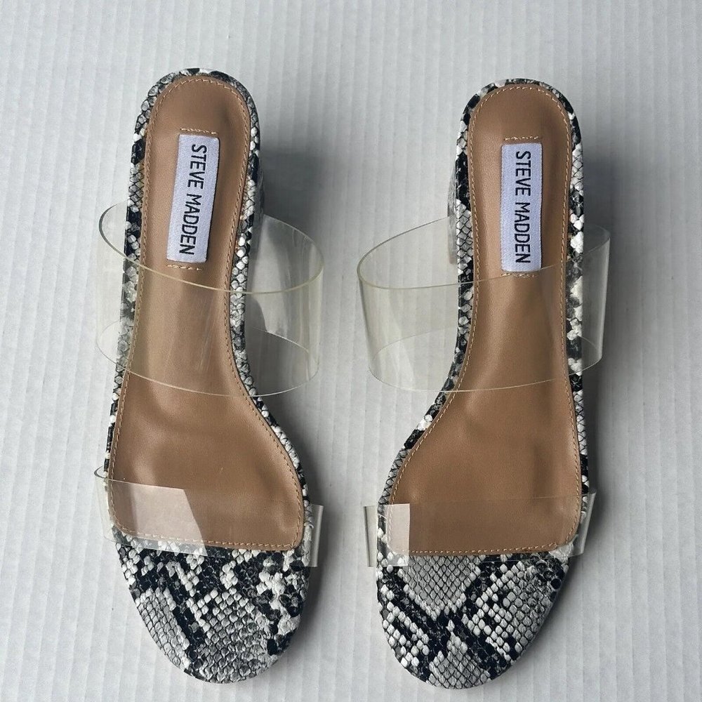 Steve Madden Sandals Snake Print‎ Clear Block Heel Women's Size EU 38 7 US